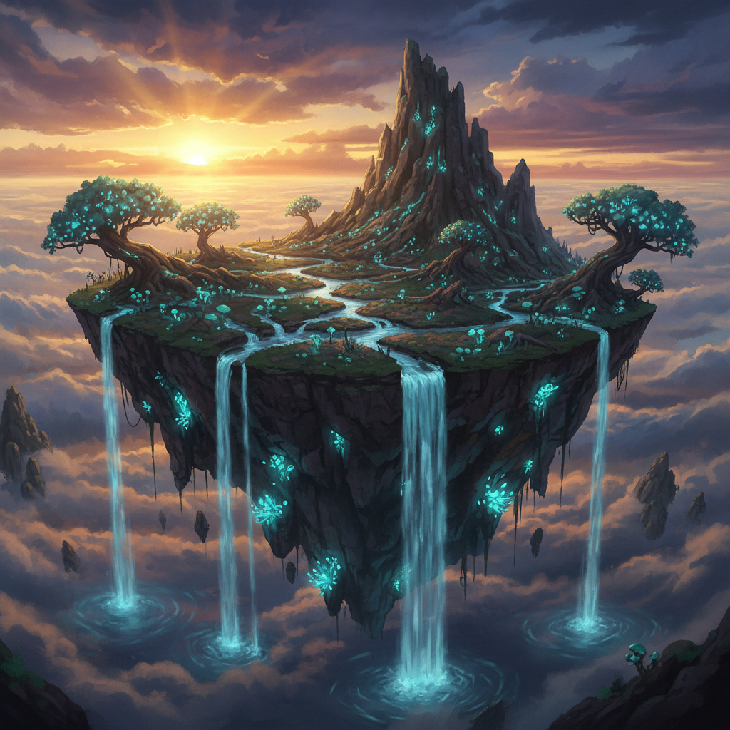 AI generated cinematic aerial view of a floating island with waterfalls, bioluminescent plants, and a golden sunset