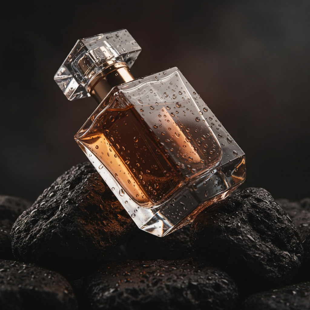 AI generated photorealistic luxury perfume bottle on black volcanic rock with water droplets and moody lighting