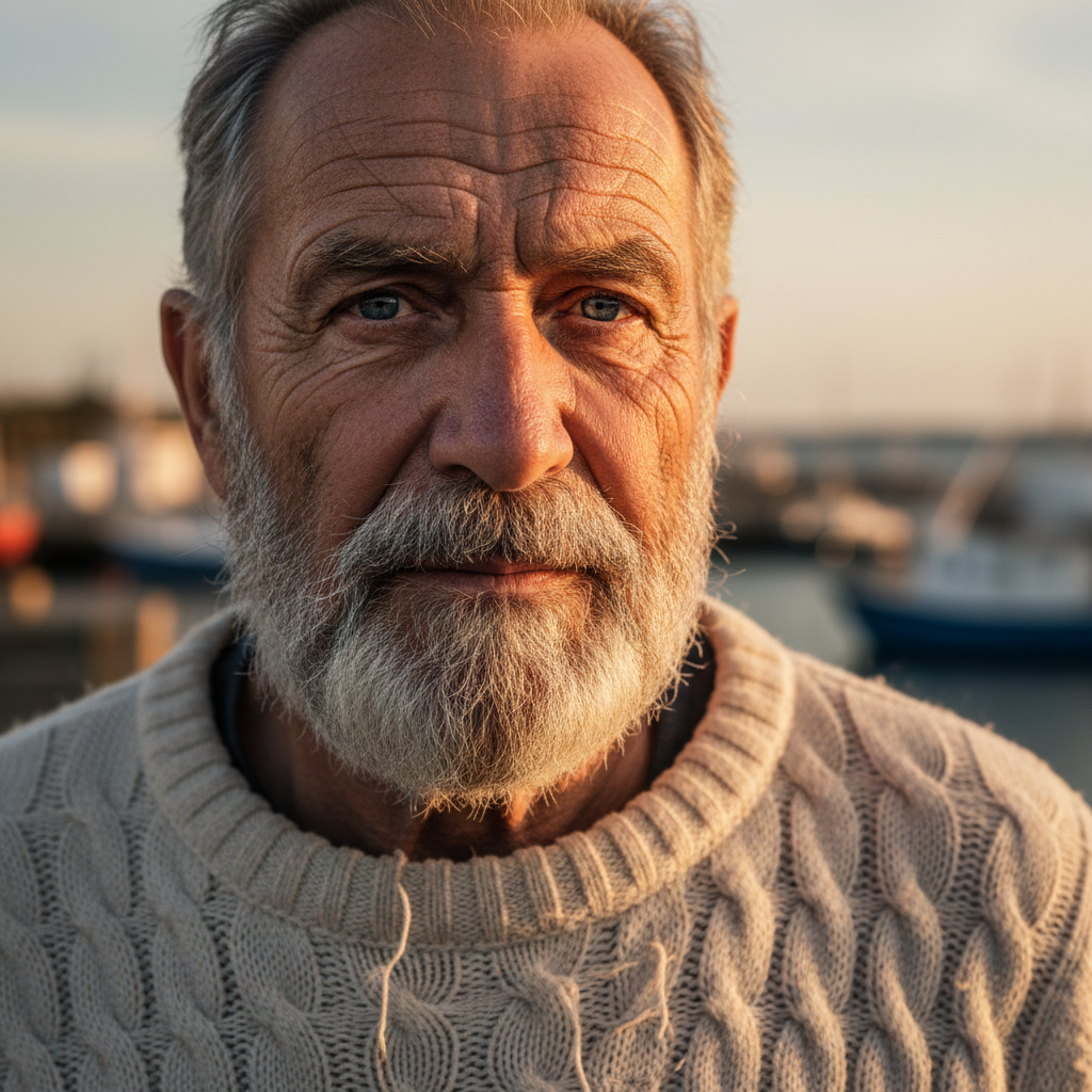 AI generated portrait of an elderly fisherman with weathered skin, deep wrinkles, and piercing blue eyes in golden hour light