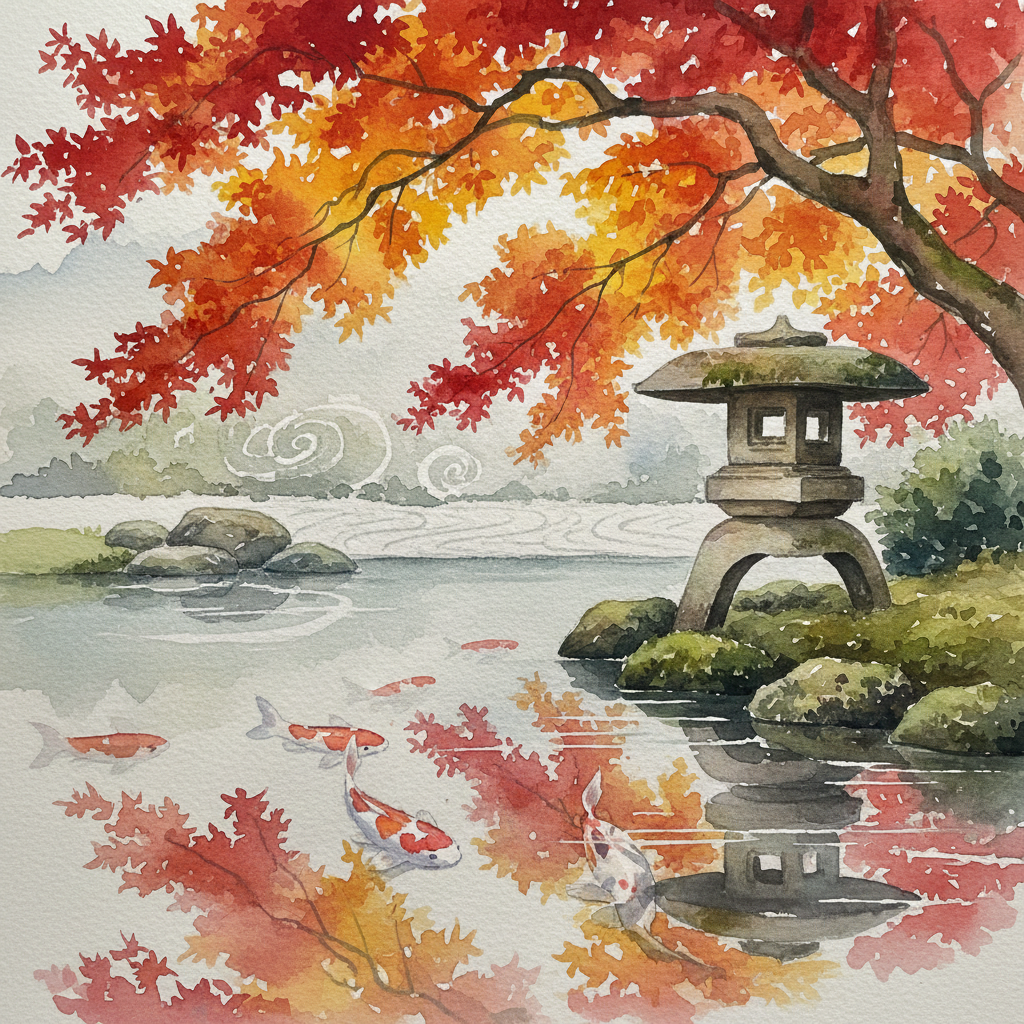 AI generated Japanese zen garden in autumn with maple trees, stone lantern, and morning mist in watercolor style