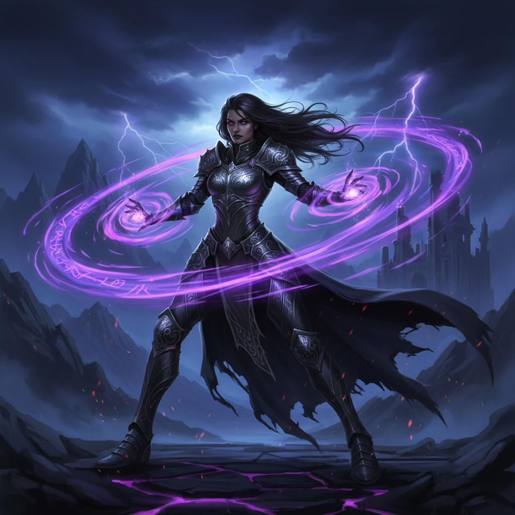 AI generated dark fantasy sorceress with glowing purple magic, ornate black armor, and swirling arcane symbols