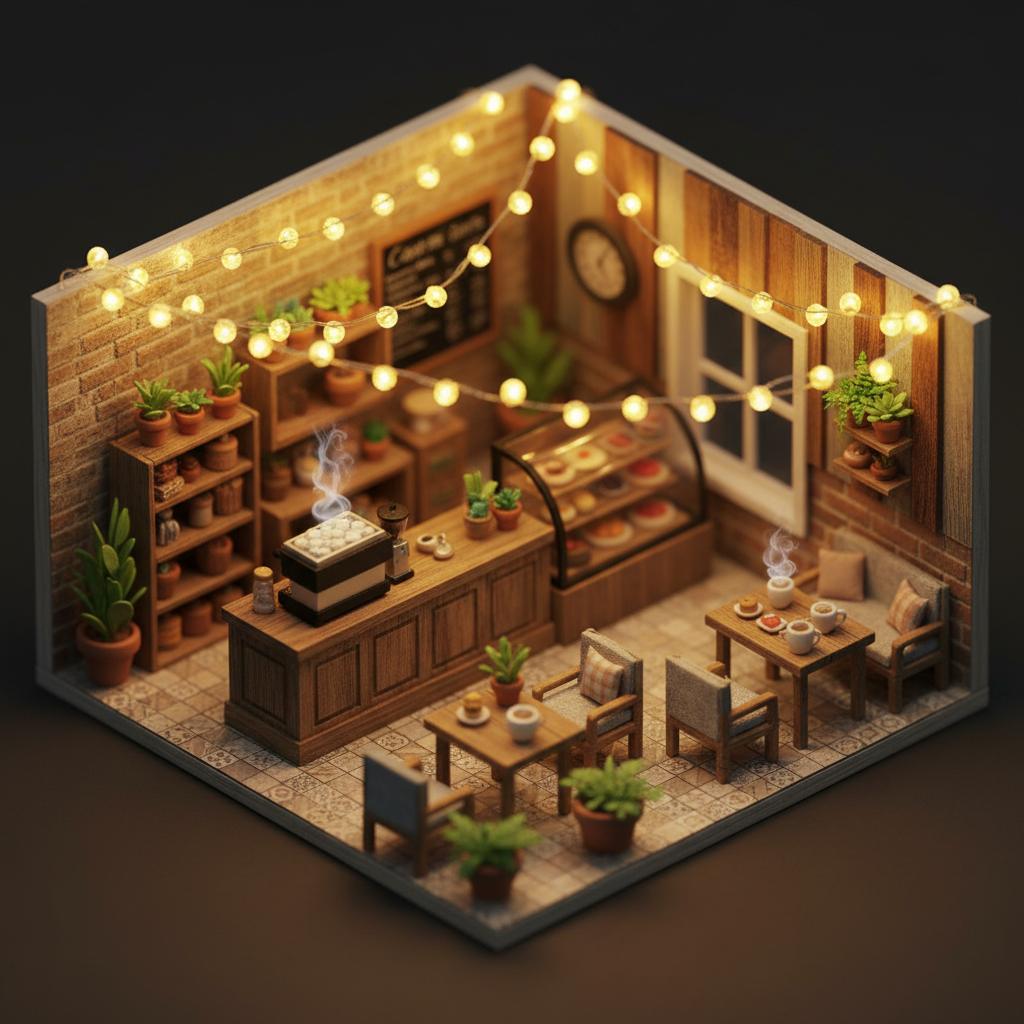 AI generated isometric miniature diorama of a cozy coffee shop interior with warm lighting and tiny details